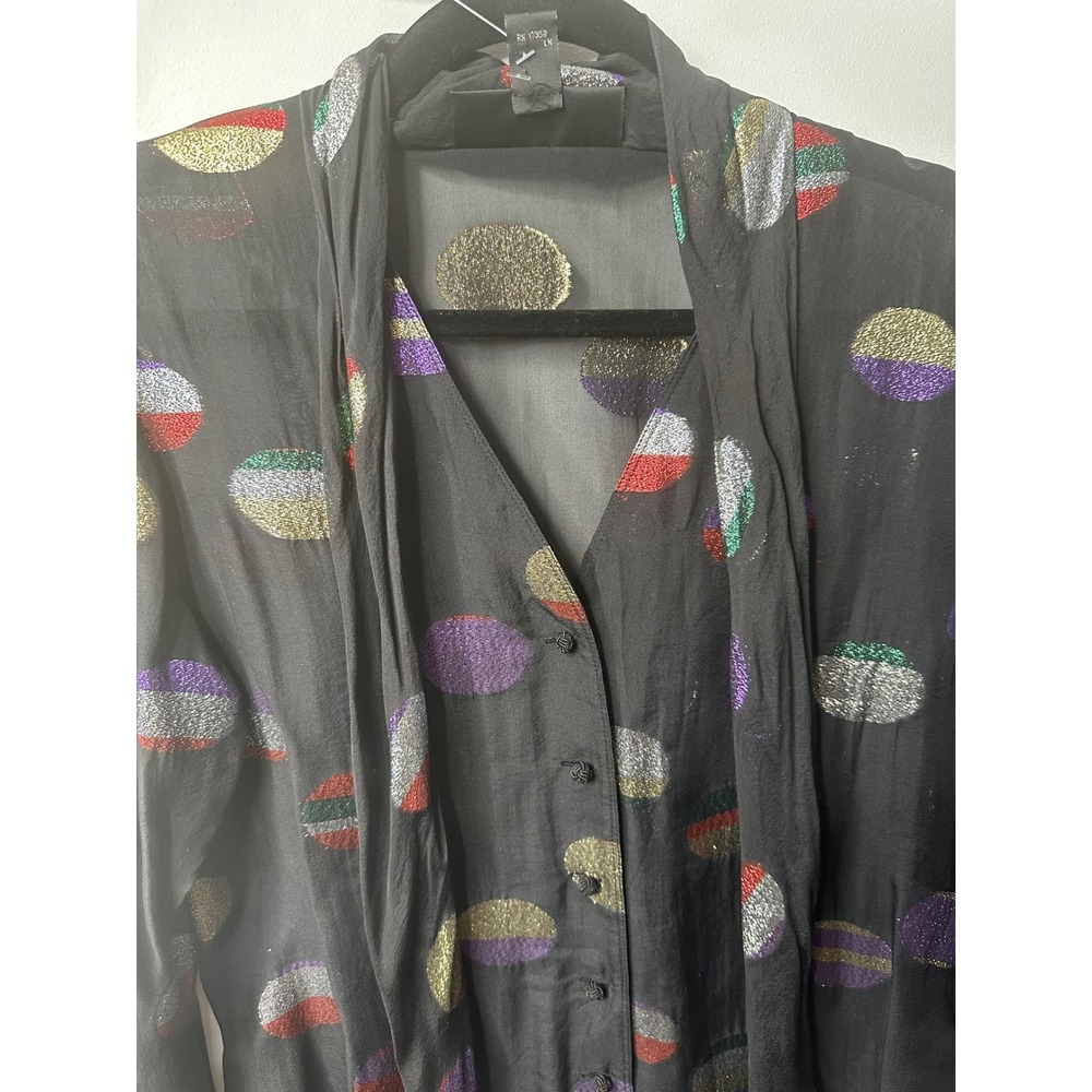 Linda Allard Ellen Tracy Silk Blouse Metallic Polka Dot V-Neck Scarf Tie Black 6